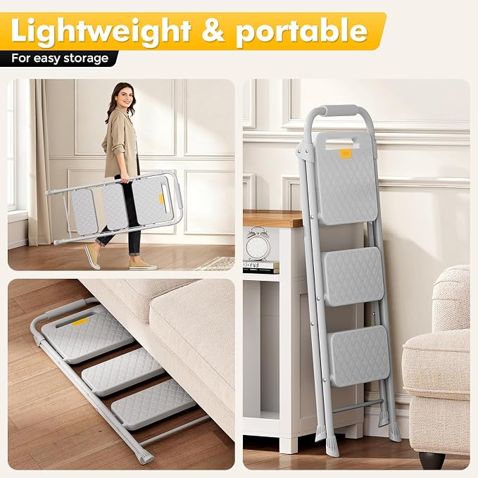 KINGRACK 3 Step Ladder, Folding Step Stool with Safety Lock & Sturdy Anti-Slip Pedals, Pass 800lbs Load Testing, Lightweight, Portable Steel Ladder with Handrails for Home, Kitchen, Garage, Office - Image 5
