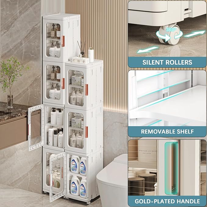 Tall Narrow Storage Cabinet, Plastic Organizer with Wheels, 4-Tier/White | Foldable Slim Cabinet for Bathroom, Kitchen, Laundry and Small Spaces, Adjustable Shelves & Magnetic Doors, Movable Wheels - Image 5