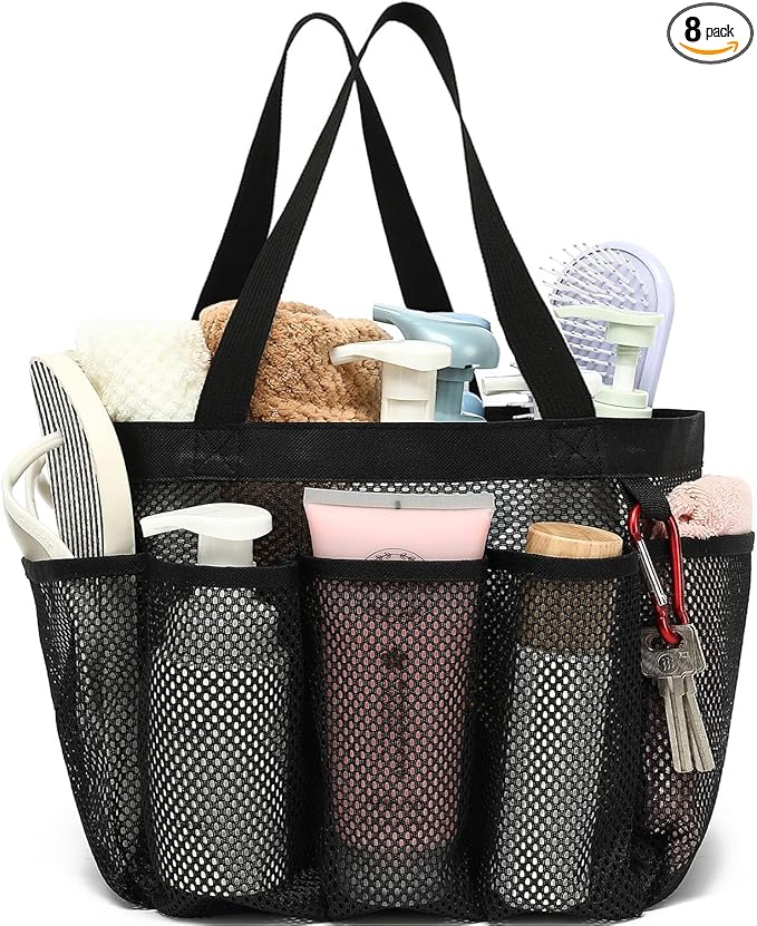 Fammart Mesh Shower Caddy Portable for College Dorm Room Essentials, Odorless Polyester Large Shower Tote Bag with Dual Handles, 8-Pocket Quick-Dry Toiletry Organizer for Travel, Beach, Camping, Gym by Fammart
