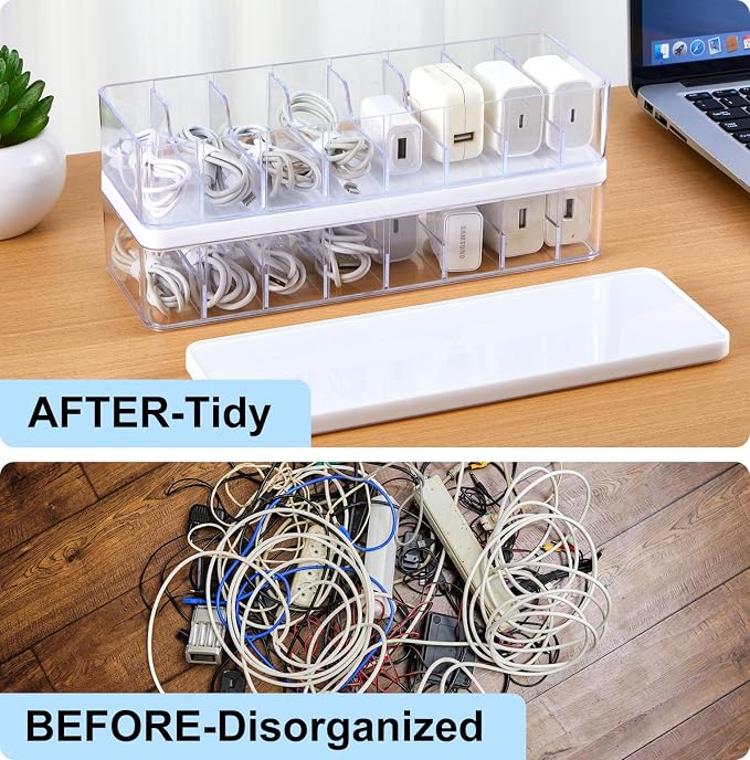 Tatuo 6 Pcs Cord Organizer for Drawer Desktop, Cable Organizer Box with 8 Compartments and Wire Ties, Plastic Charger Storage with Lid, Electronics Case for Home Office Accessories (Small,Clear,White) - Image 6