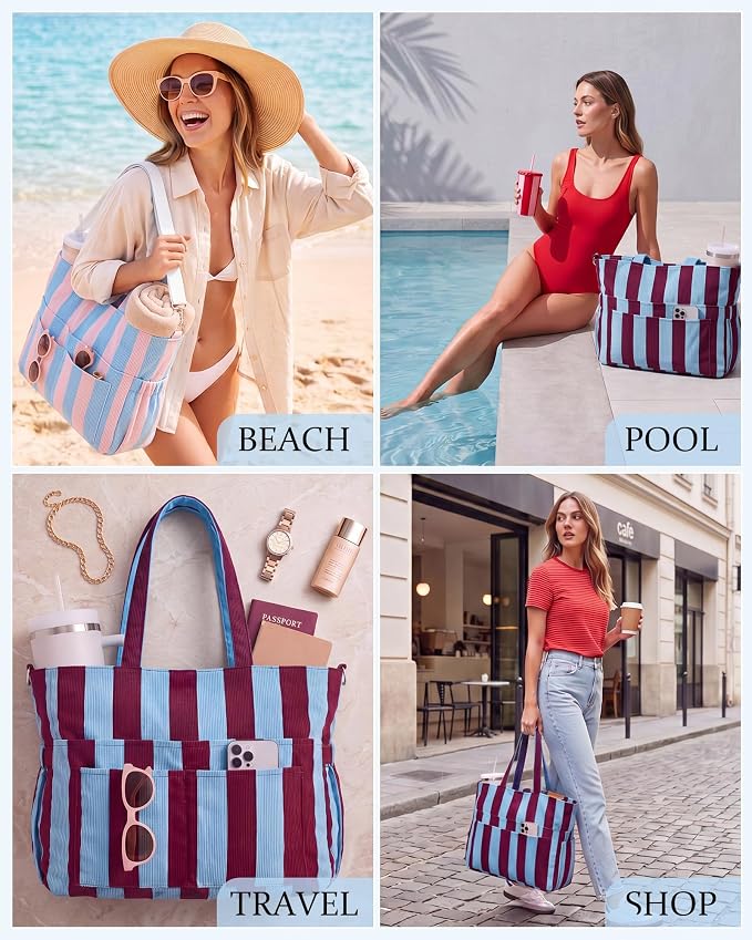 Kacctyen Striped Beach Tote Bag for Women Large Beach Foldable Tote Bag with Zipper Pockets for Travel Pool - Image 2