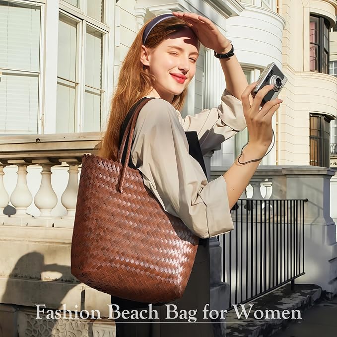 Tavaleu Straw Beach Bags for Women Tote Handbag Shoulder Hobo Bucket Bag | Lightweight, Foldable, PU Straps, Magnetic Closure, Zip Pocket, Reinforced Bottom, Summer Purse, Travel, Vacation, Daily Use - Image 2