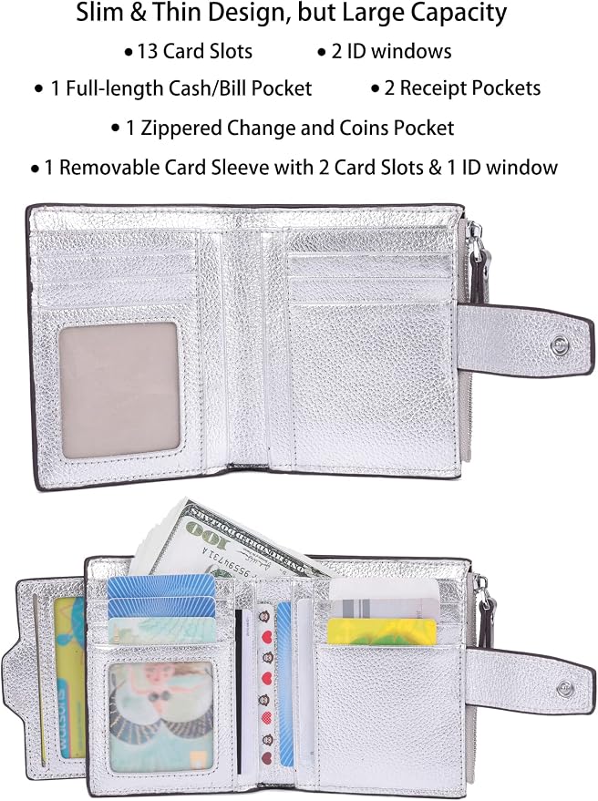 Women's RFID Blocking Leather Small Compact Bi-fold Zipper Pocket Wallet Card Case Purse with id Window - Image 2