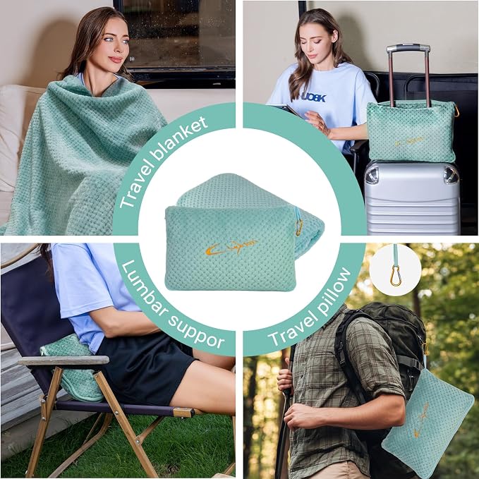 Compact Travel Blanket for Airplane, Premium Soft 2-in-1 Blanket with Pillowcase and Carry Bag, Lightweight Travel Essentials with Luggage Sleeve and Backpack Clip, Mint Green - Image 3