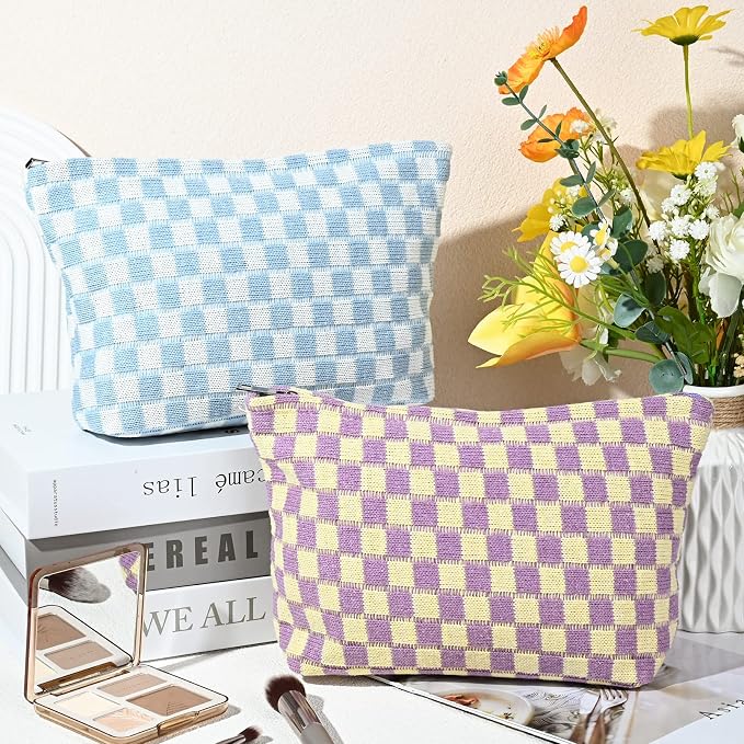 SOIDRAM 2 Pieces Makeup Bag Large Checkered Cosmetic Bag Capacity Canvas Travel Toiletry Bag Organizer Cute Makeup Brushes Aesthetic Accessories Storage Bag for Women,Checkered L Purple Light blue - Image 2
