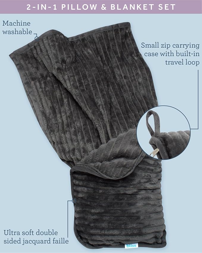 Bliss Faille Travel Pillow & Blanket Set, 2-in-1, Compact | Smooth Textured Fabric Feels Soft Against Skin, Packs Down Small for Flights or Camping, Machine-Washable Cover for Easy Care - Image 4