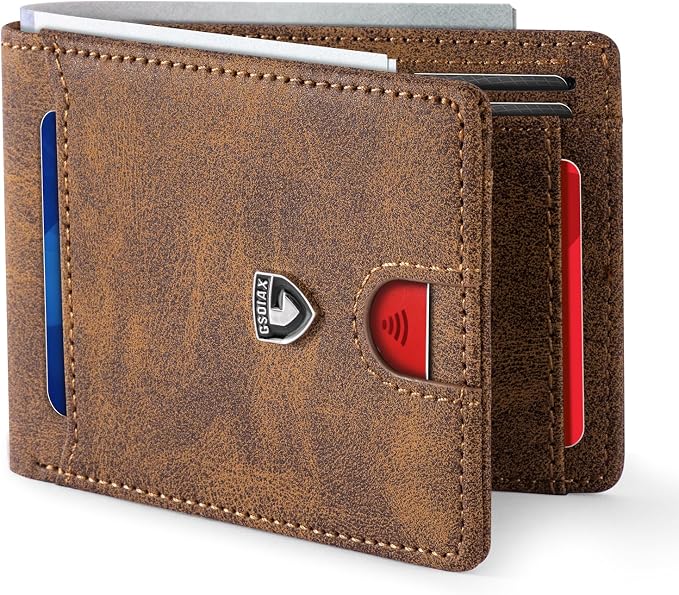 GSOIAX Slim Wallet for Men,RFID Blocking Bifold Wallet Carbon Fiber Front Pocket Wallet with 11 Card Holder Minimalist Mens Wallet with Gift Box (Leather Brown) by GSOIAX