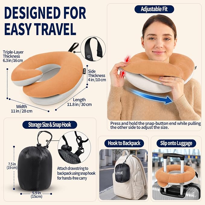 Travel Neck Pillows for Airplanes, Memory Foam 360° Head Support Sleep for Long Flight, Skin-Friendly & Breathable, Kit with Eye Mask, Earplugs and Storage Bag (Adult, Orange, 90+ lbs) - Image 5