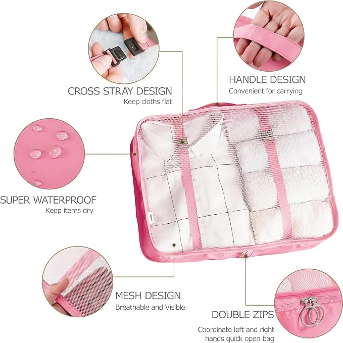 LANSKLBD 6/8 Set Packing Cubes for Suitcases Travel Luggage Packing Organizers,Travel Accessories Essentials Luggage Organizer with Shoe/Tioletry/Laundry Bag (Pink, 6 set) - Image 2