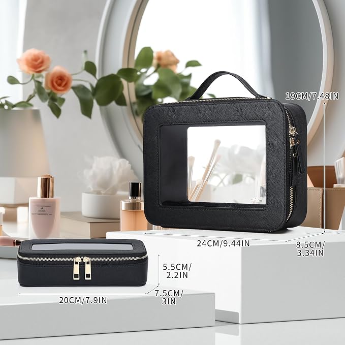 Pinkmik Clear Makeup Bag with Brush Bag, (Black, L+SLIM) | 2pcs, Waterproof, Travel Case for Cosmetics and Toiletries, Women's Cosmetic Organizer, with Zipper - Image 4