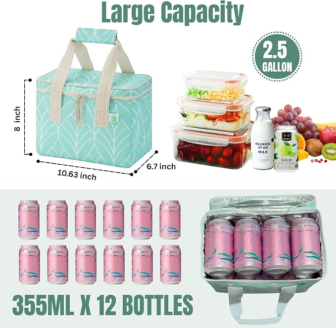 VENO 2 Pack Small Cooler Insulated Lunch Bag Reusable Grocery Shopping Bag | Collapsible Lunch Box Tote for Women Men w/ Handles, Dual Zippers, 9L Capacity for Work Office Picnic Beach (Evergreen) - Image 2