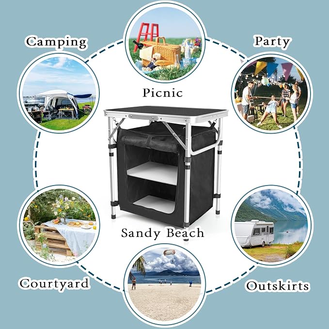 CampLand Folding Cooking Table Outdoor Portable Cook Station Aluminum Camping Kitchen with Storage Organizer, Windscreen, Hooks for BBQ, Party (SamllBlack) - Image 7