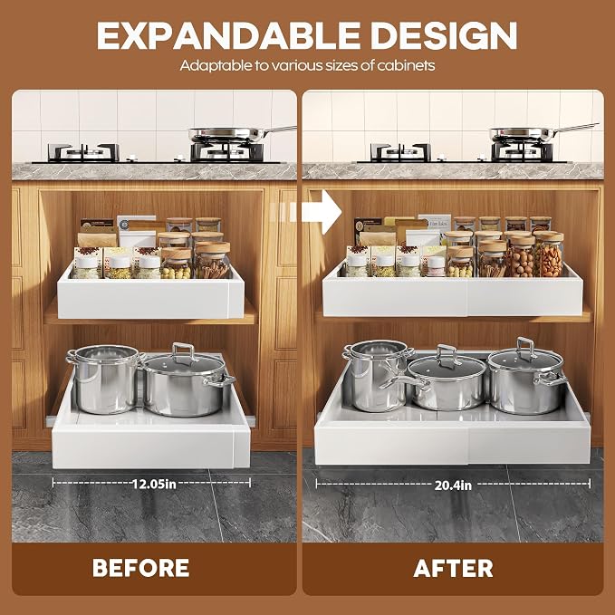 Seinloes 2Pack Expandable Pull Out Cabinet Organizer 21"Deep With Raising Pad for Framed Cabinets, Upgrade 3 Slide Rails Slide Out Drawers, Roll Out Shelves Adhesive,Adjustable Width 12.05"-20.4"White - Image 3