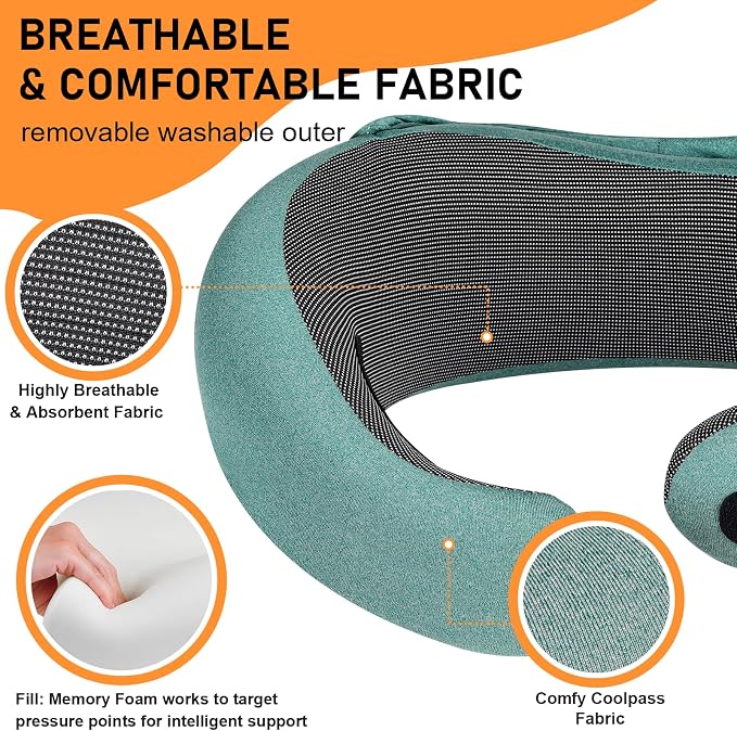 Travel Pillow - Hooded Neck Pillow Airplane Memory Foam Filling | for Plane, Office, Cars Sleeping, Road Trip, Long Flights Essentials, Includes Eye Mask & Earplugs (Green) - Image 4