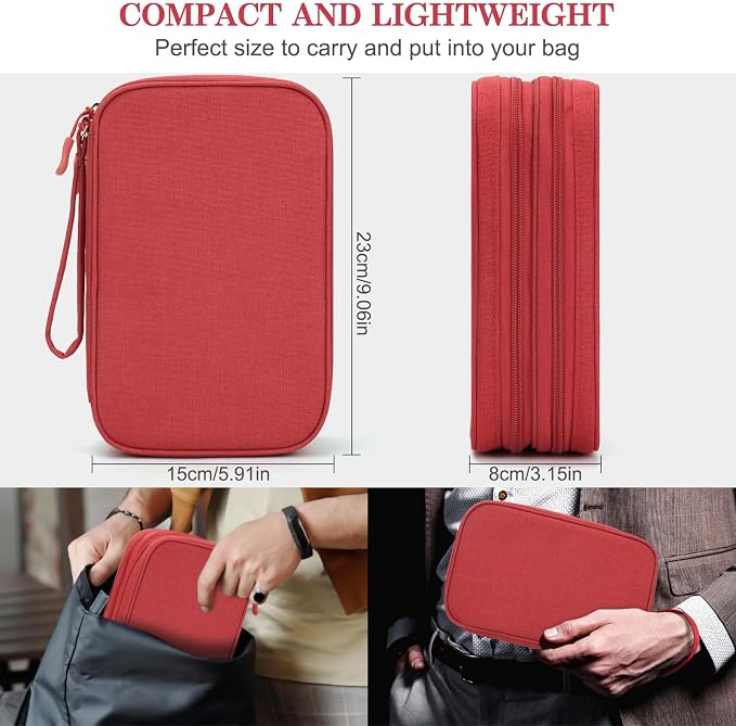 FYY Electronic Organizer, Travel Tech Pouch Bag, Large, Red | Wrist Strap, Waterproof, Double Layers Portable Electronics Travel Carrying Case for Cord, Charger, Daily Business Trips Use - Image 2