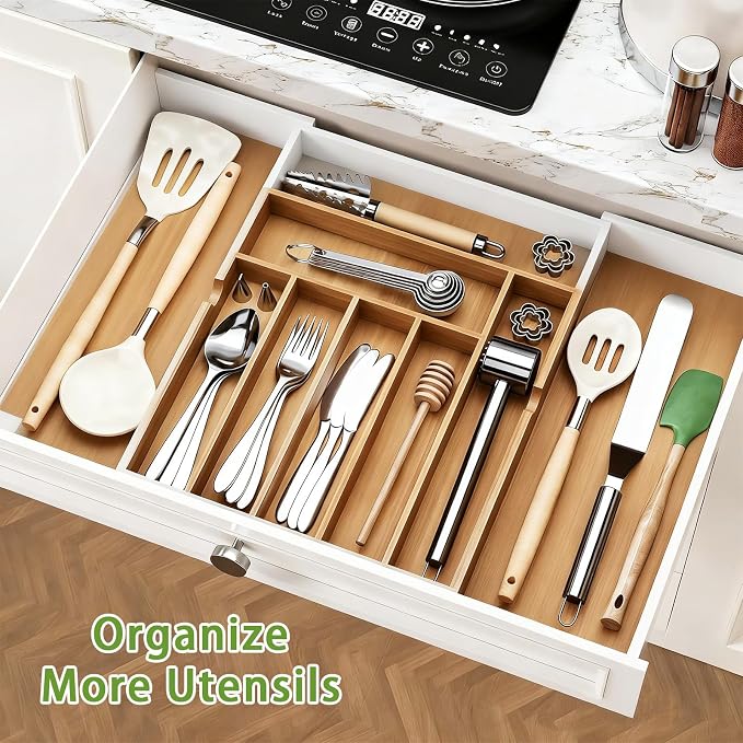 Bamboo Expandable Silverware Drawer Organizer, Adjustable Utensil Tray Cutlery Holder for Kitchen Drawer, Flatware Storage Organizer for Spoons, Forks and Knives, Natural (7 Slot,) - Image 7