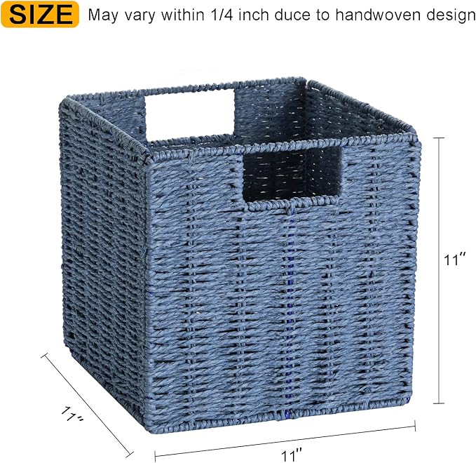 Wicker Storage Basket, Set of 2 Hand-Woven Storage Baskets for Shelves with Handles, Foldable Cube Storage Baskets Bins 11 Inch Large Wicker Baskets for Pantry Decor, Blue(11''x11''x11'') - Image 2