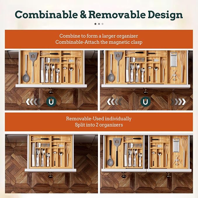 Silverware Organizer Large, Magnetic Connected Expandable 13 Slots Silverware Drawer Organizer From 21 to 37.4 Inches, Adjustable Flatware and Cutlery Holder, Bamboo Utensil Tray for Kitchen Natural - Image 5