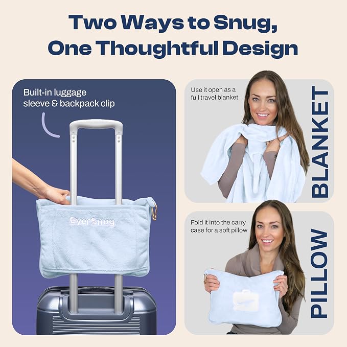 EverSnug Travel Blanket and Pillow - Ultra-Soft, Compact & Lightweight, 65x40 Inches, with Carry Case, Luggage Sleeve & Backpack Clip for Airplane Comfort (Ice Blue) - Image 2