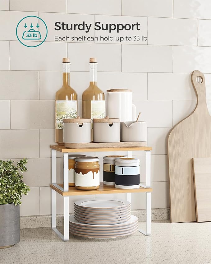 SONGMICS Cabinet Organizer Shelf, Set of 2 Kitchen Counter Shelves, Kitchen Storage, Spice Rack, Stackable, Expandable, Metal and Engineered Wood, Cloud White and Natural Beige UKCS02NW (Pack of 2) - Image 5