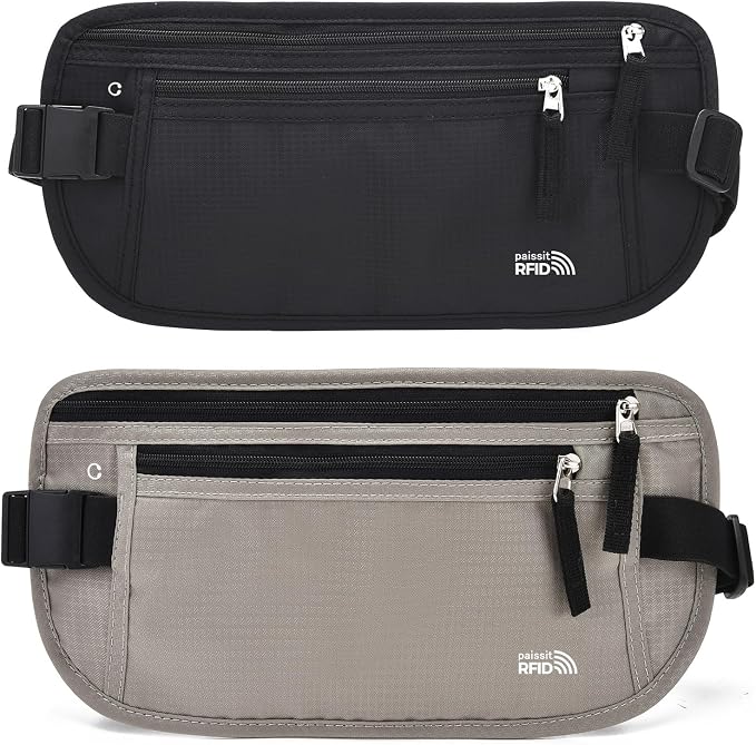 Unisex Money Belt For Men and Women, Slim Passport Holder RFID Blocking Travel Essentials Pouch with Adjustable Strap Small Waist Pouch for Workout Running Travelling Hiking, Black & Light Grey by paissit