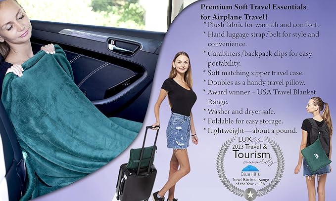 BlueHills Soft Travel Blankets Plush Value Pack Set of 2 - Premium Airplane Travel Essential Flight Blanket Throw in a case with Strap Compact for Car Plane Travel Gift – Dark Green and Gray. - Image 9