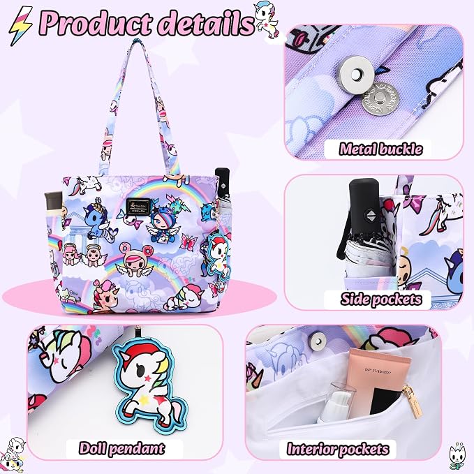 tokidoki Unicorno Foldable Tote Bag for Women, Canvas Tote Bags with Doll Portable Shoulder Handbag for school Work Travel - Image 4