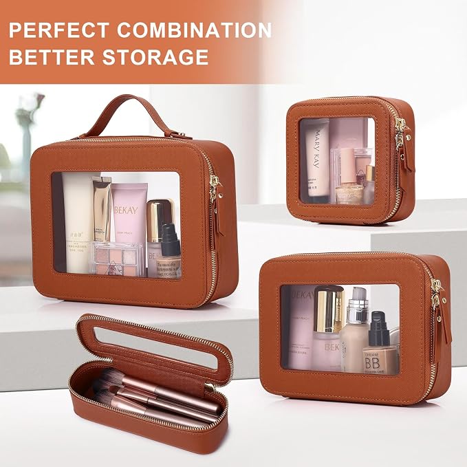 Pinkmik Clear Makeup Bag, (Brown, M) | Waterproof, Travel Cosmetics and Toiletries Case, Portable Makeup Organizer, Clear Car Bag with Zipper - Image 5