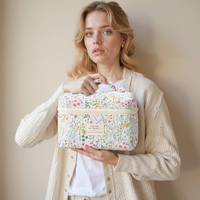 HBselect Quilted Makeup Bag, 3Pcs Cotton Large Travel Makeup Bags Organizer | Cute Floral Make up Bag Cosmetic Bag Toiletry Bag for Women Girls, Makeup Pouch for Skincare, Brushes & Travel Essentials - Image 7