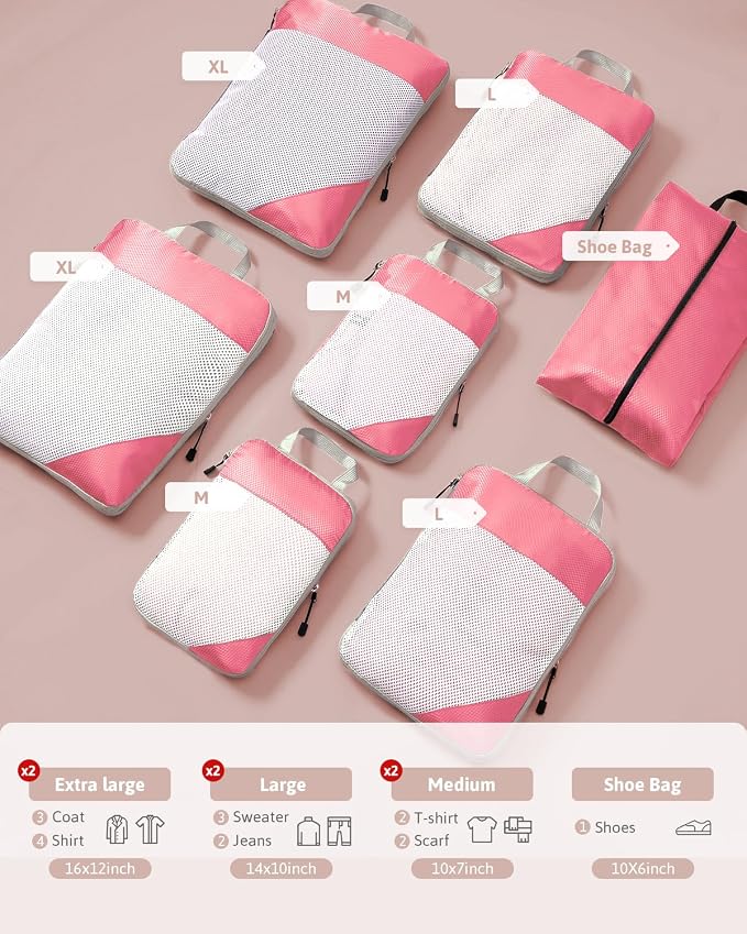 Meowoo 7 Set Compression Packing Cubes for Travel, Durable Ripstop Mesh Suitcase Organizer with Shoe Bag, Ultralight & Expandable Space Saver Travel Cubes - Image 2