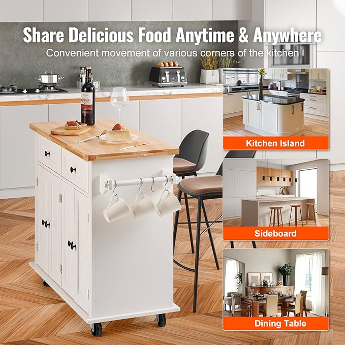 VEVOR Kitchen Island Cart with Solid Wood Top, 35.4" Width Mobile Carts with Storage Cabinet, Rolling Kitchen Table with Spice Rack, Towel Rack, and Drawer, Portable Islands on Wheels, White | Rolling Table with Storage Cabinet, Spice/Towel Rack, Drawe... - Image 5