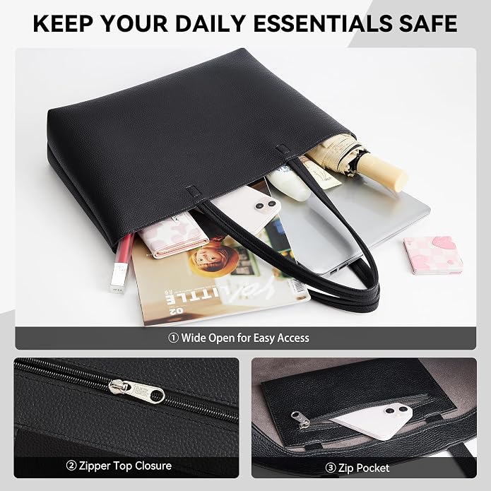 KALIDI Tote Bag Zipper Shoulder Bag Vegan Leather Purses Satchel for Women | Large Casual Handbag for Work Commuting Dating College Everyday - Image 3