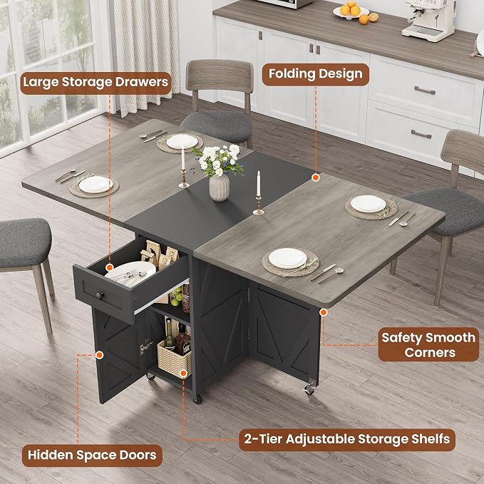 Folding Dining Table for Small Spaces with Storage, Drop Leaf Kitchen Table | 3-in-1 Foldable Dining Table with Drawer & Shelves, Converts to Desk or Console for Apartment Living - Image 5