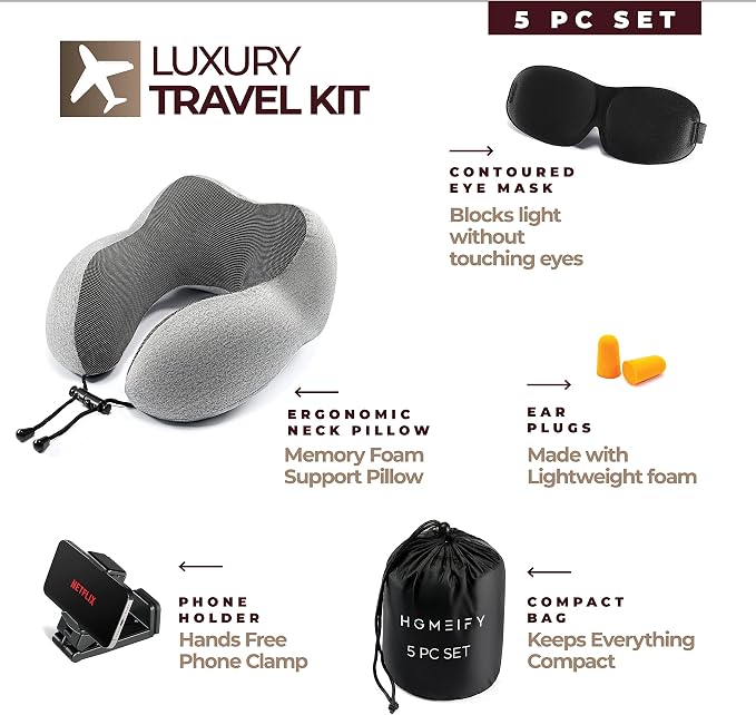 Homeify Airplane Neck Pillow Includes Travel Pillow + Airplane Phone Holder Mount + Eye Masks + Earplugs for Travel, 100% Pure Memory Foam Travel Pillow, 4 Pc Travel Kit, 2 Pack - Image 2