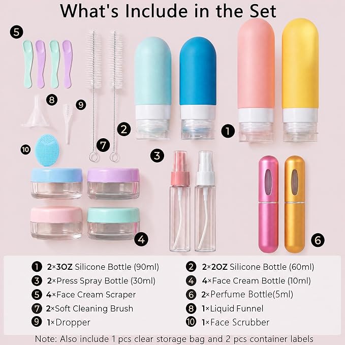 24 Pack Travel Bottles for Toiletries -TSA Approved Leak Proof Silicone Set | Refillable Travel Size Containers Kits with Perfume Spray Bottle for Shampoo, Conditioner, Lotion, Cosmetic (Colorful) - Image 2