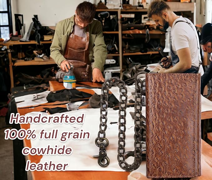 F&L CLASSIC RFID Blocking Mens Tri-fold Long Style buffalo crazy horse Leather Steel Chain Wallet,ostrich print brown,212-51 - Image 4