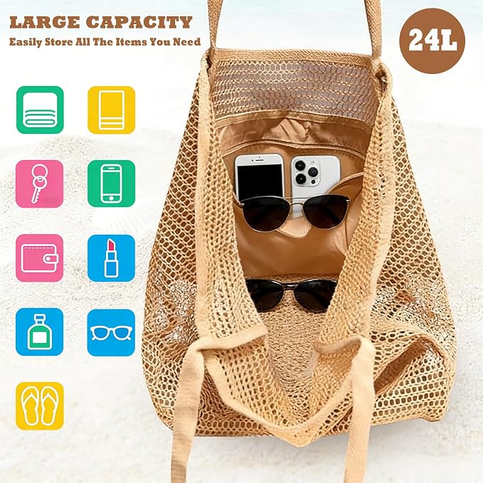 Women's Large Mesh Beach Bag Tote–Waterproof Sandproof Foldable with Zipper Pockets for Summer Travel & Vacation - Image 6