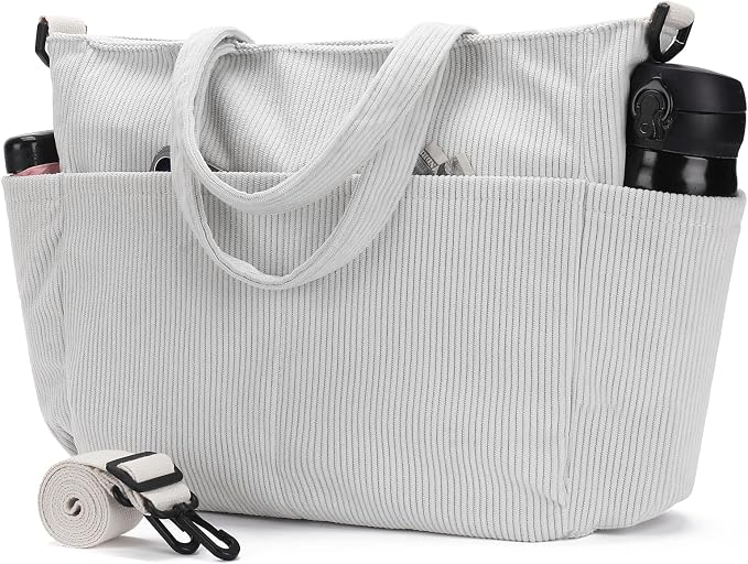Corduroy Tote Bag for Women Crossbody Bags Lightweight Handbags Shoulder Bag with Zipper Pockets for Work Shopping by AMXNX