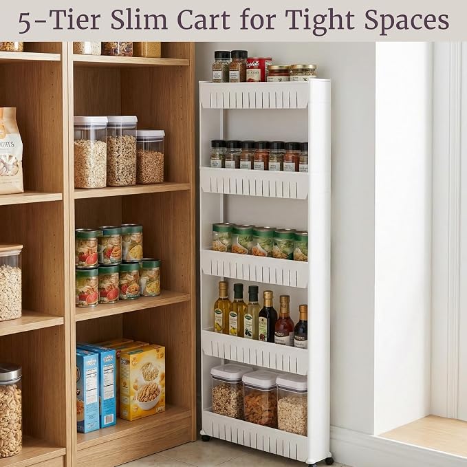 Slim Rolling Storage Cart - 5-Tier Utility Cart with Wheels for Bathroom, Kitchen, and Laundry Room - Bathroom Shelves by Lavish Home (White) - Image 5