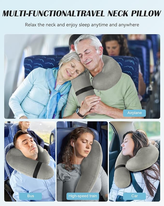 Patented Design Inflatable Travel Neck Pillow – Airplane Neck Pillow with 360° Head & Neck Support, Soft Washable Velvet Cover, Compact Neck Support Pillow for Airplane,Train,Car,Office & Home (Grey) - Image 5