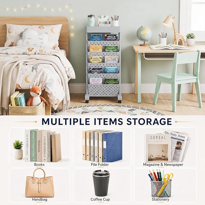 BYFU 6-Tier Rolling Bookshelf Cart, Grey | Movable with Wheels, File Paper Storage Organizer, For Home Office Study Classroom - Image 5