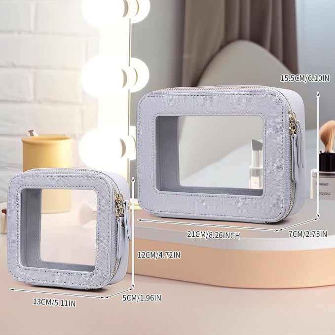 Pinkmik Clear Makeup Bag, (Gray, M+MINI) | 2PC,Waterproof, Travel Case for Cosmetics and Toiletries, Women's Purse Organizer, Clear Car Bag with Zipper - Image 4