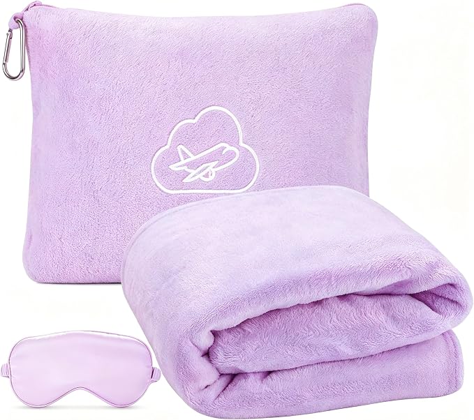 Travel Blanket Pillow,Airplane Blanket Compact with Bag Eye Mask, Ultra-Soft,Warm & Lightweight Included,Travel Essentials for Women & Men, Luggage Sleeve & Backpack Clip 65x40 in,Purple by ENZOLVE