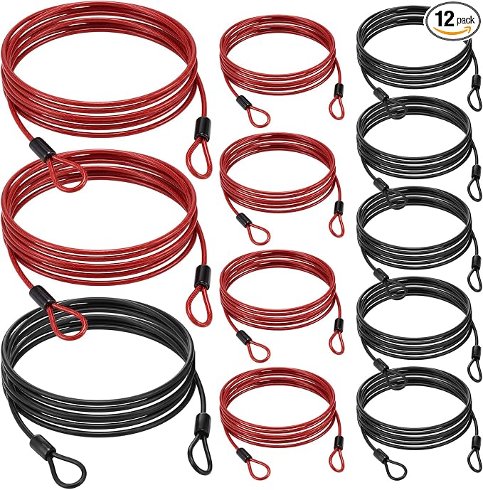 12 Pack Security Cable Luggage Lock with Loops 7 ft 3mm Braided Steel Coated Bike Cable Wire Double Loop Anti Theft Safety for U Lock, Padlock and Disc(Black,Red) by Fiada
