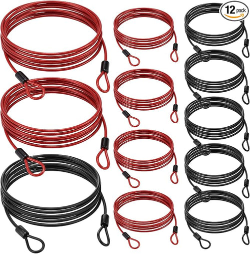 12 Pack Security Cable Luggage Lock with Loops 7 ft 3mm Braided Steel Coated Bike Cable Wire Double Loop Anti Theft Safety for U Lock, Padlock and Disc(Black,Red) by Fiada