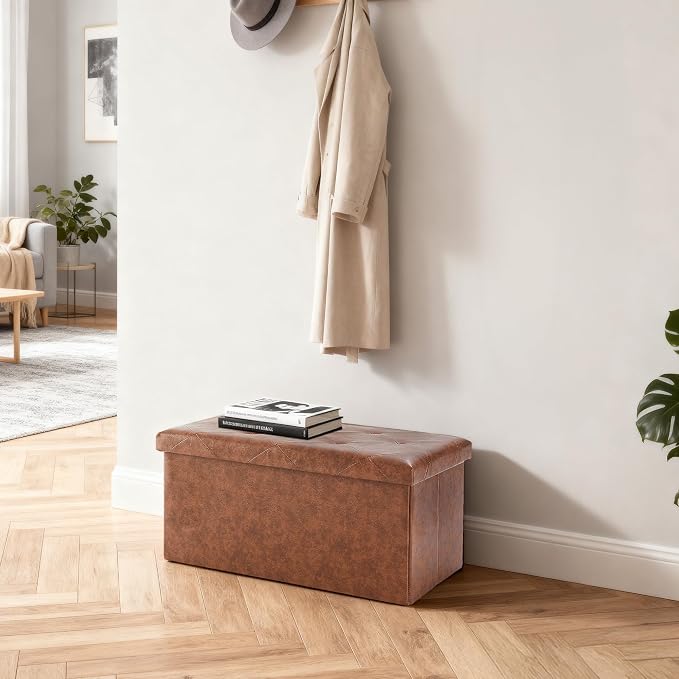 DUMOS 30 Inch Folding Storage Ottoman Bench, Hidden Ottoman with Storage | Storage Chest with Padded Seat, End of Bed Foot Rest Stool for Bedroom Living Room, Load 660 lbs, Synthetic Leather, Brown - Image 9
