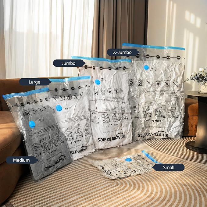 Amazon Basics Vacuum Storage Bags with Hand Pump for Travel, Space Saving Compression Bags for Clothes and Blankets, Clear, 12 Pack (3 Small, 3 Medium, 3 Large & 3 Jumbo) - Image 7