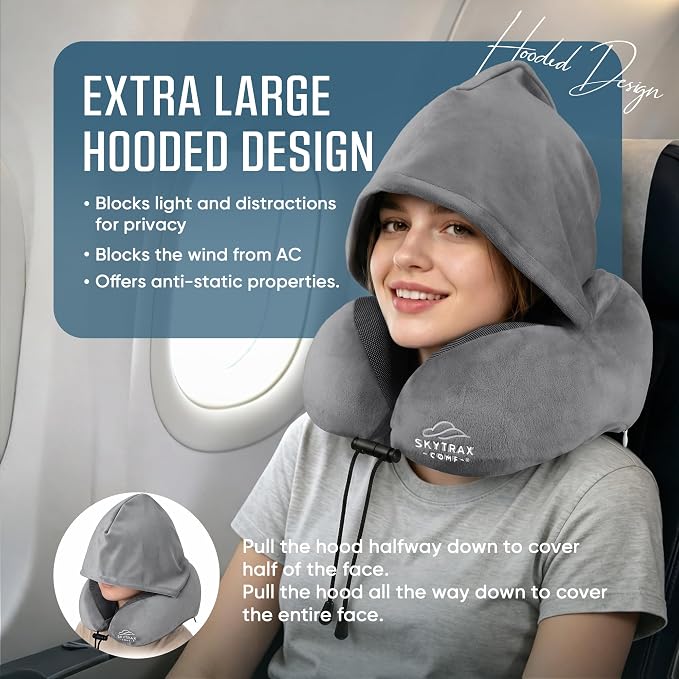 SkytraxComf® Travel Neck Pillow with Hood for Privacy on Long Flights | Memory Foam | Airplane Sleep | Safety-Tested Materials | Extra Large Hood | Chin Support | Earplugs | Washable Cover - Image 2