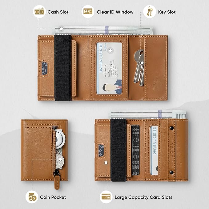VULKIT Mens Wallet RFID Blocking Leather Compact Trifold with Zippered Coin Pocket, ID Window and Business Card Holder Brown - Image 2