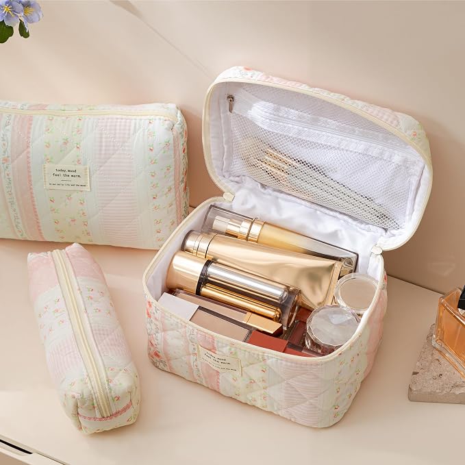 HBselect Quilted Makeup Bag, 3Pcs Cotton Large Travel Makeup Bags Organizer | Cute Floral Make up Bag Cosmetic Bag Toiletry Bag for Women Girls, Makeup Pouch for Skincare, Brushes & Travel Essentials - Image 3